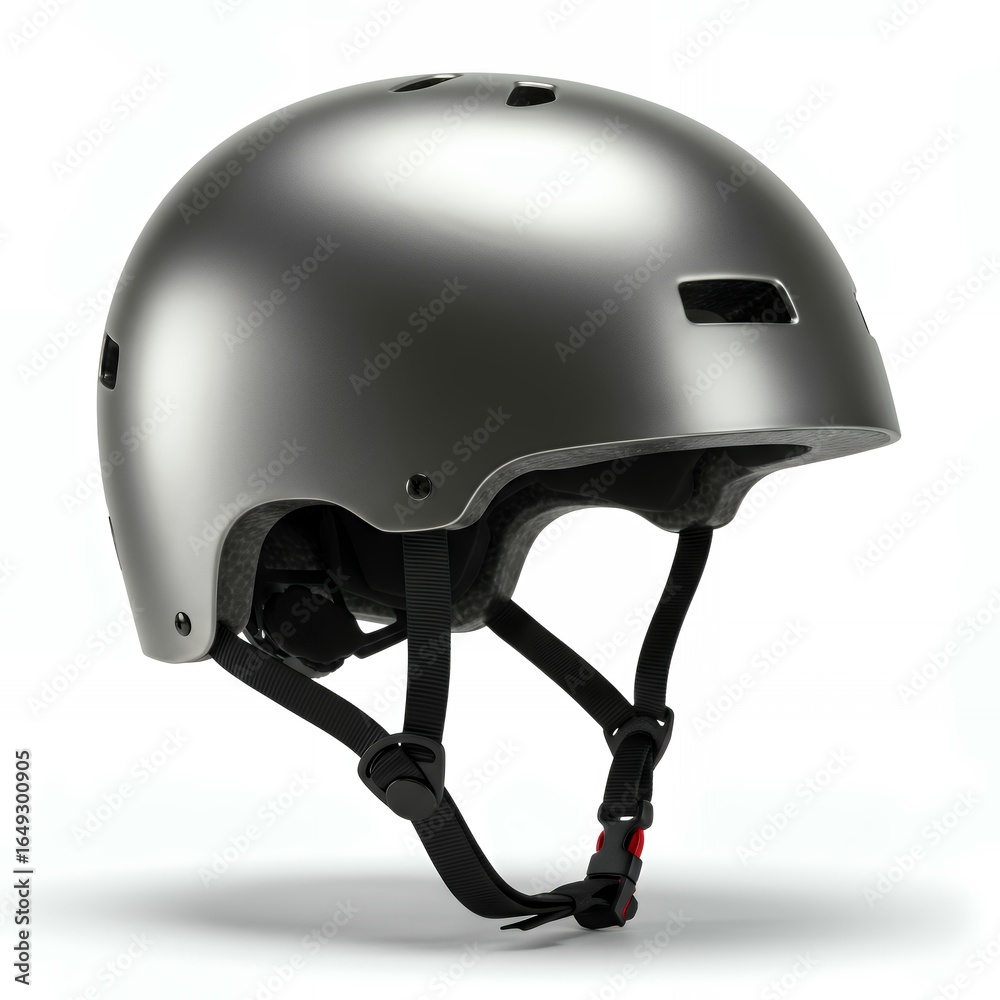 Fototapeta premium Silver metallic skate helmet with ventilation system and black straps for urban cycling skateboarding sports protection equipment side view