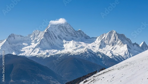 Cuadro en lienzo A majestic mountain range covered in snow under a clear blue sky on a bright sun