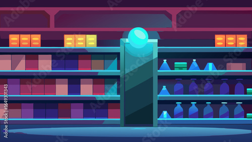 Illustration of a laboratory room with shelves filled with various objects and a glowing orb on a stand