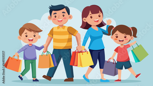 A cartoon family of four walking and holding shopping bags with a cloud in the background smiling