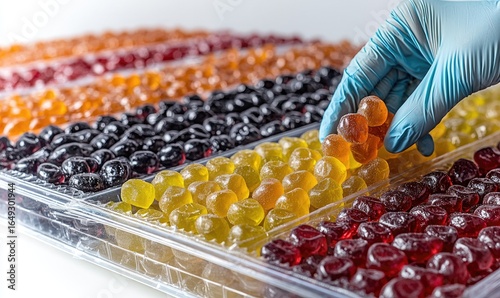 Close-up of colorful gummy candies in plastic trays, a gloved hand picking one
