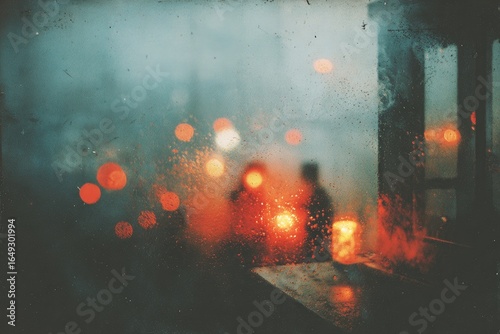 Rainy night view through a window