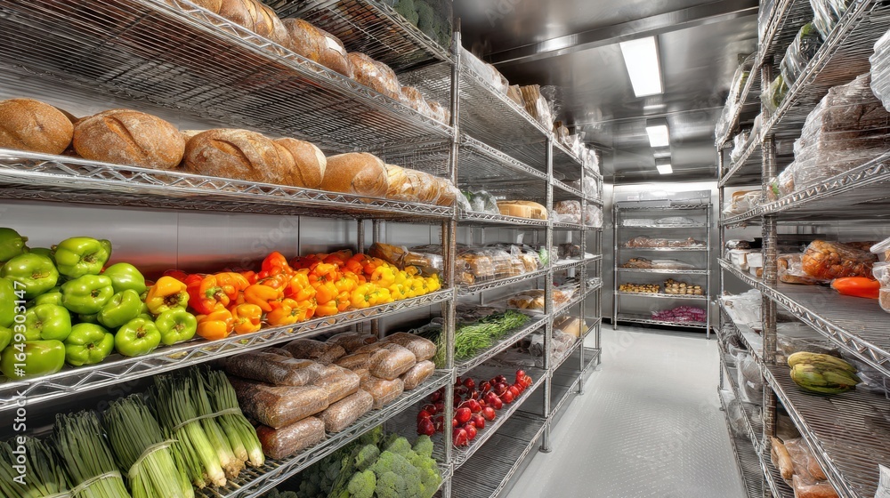 Fototapeta premium Stunning photo of walk-in industrial refrigerator with rows of neatly arranged produce and bread, clean and organized, stainless steel shelving, large-scale food storage.