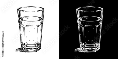 Isolated vector image of a glass of water, two design options on transparent and black backgrounds, pencil drawing, chalk drawing