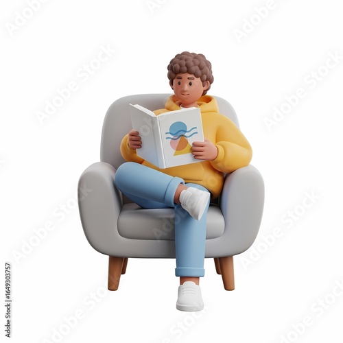 A 3D rendered man sits comfortably in a gray armchair, engrossed in reading a book with a scenic illustration on its cover.