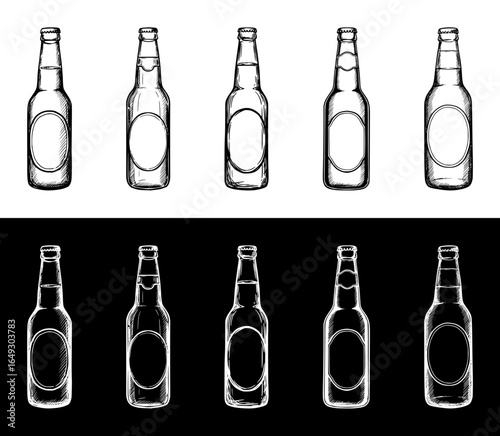 Isolated vector image of beer bottles, two design options on transparent and black backgrounds, pencil drawing, chalk drawing, image set, seamless border