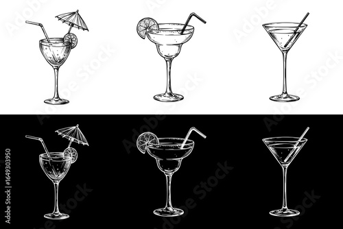 Hand-drawn cocktails, isolated vector image, two design options on transparent and black backgrounds, pencil drawing, chalk drawing, image set, seamless border