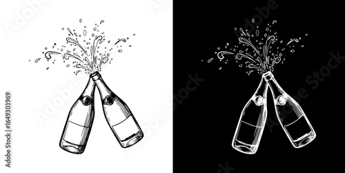 Two champagne bottles clinking with splashes, isolated vector image, two design options on transparent and black backgrounds, pencil drawing, chalk drawing  