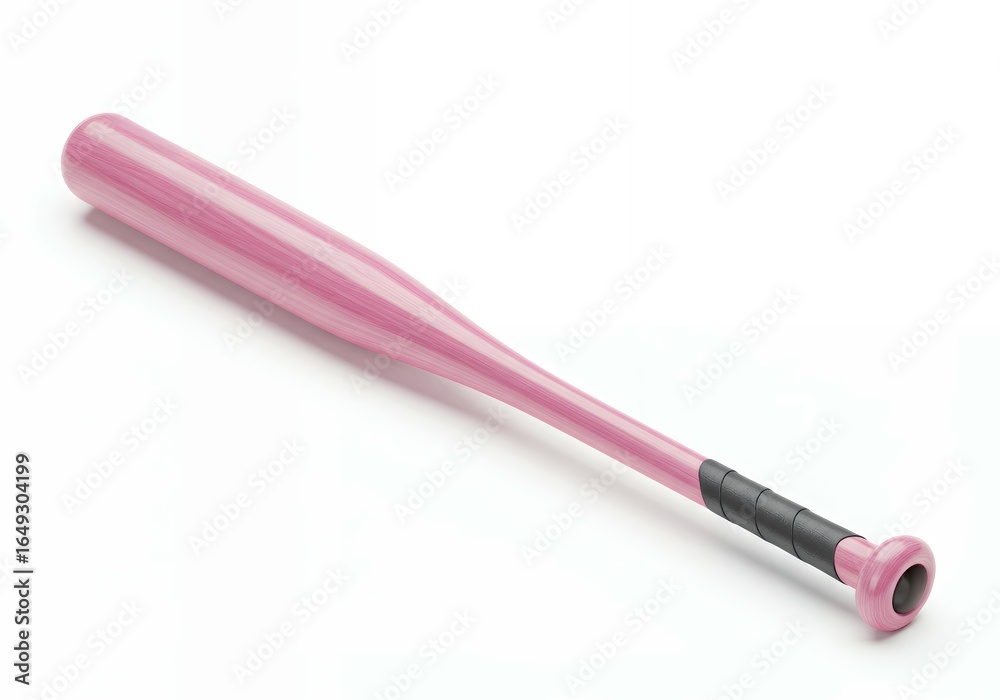 Fototapeta premium Pink wood baseball bat with textured black grip lying on white surface, pastel sports equipment diagonal angle shot