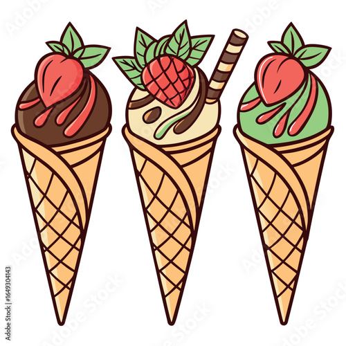 Three cartoon ice cream cones showcase strawberry garnish with chocolate and mint flavoring against white