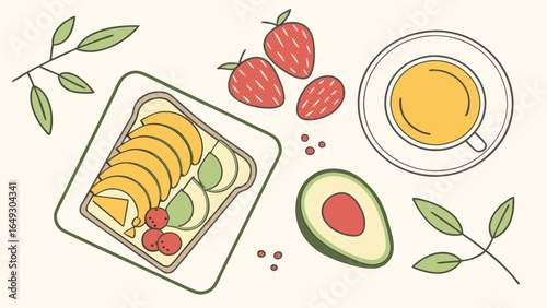 Healthy breakfast spread with toast avocado strawberries and coffee
