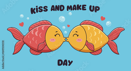 Two cartoon fish kissing for Kiss and Make Up Day celebration, for relationship and friendship promotions 