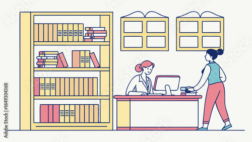 Two women interacting at a library desk with bookshelves and windows