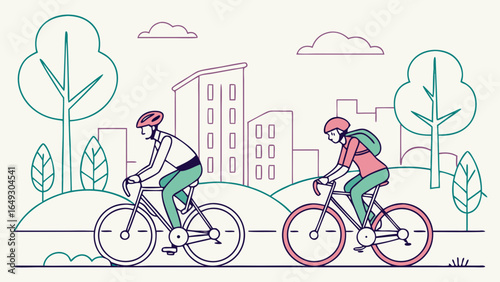 Two people cycling through a city park with trees and buildings