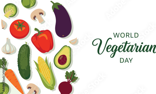 Celebrating World Vegetarian Day with Fresh Vegetables Illustration and Green Typography