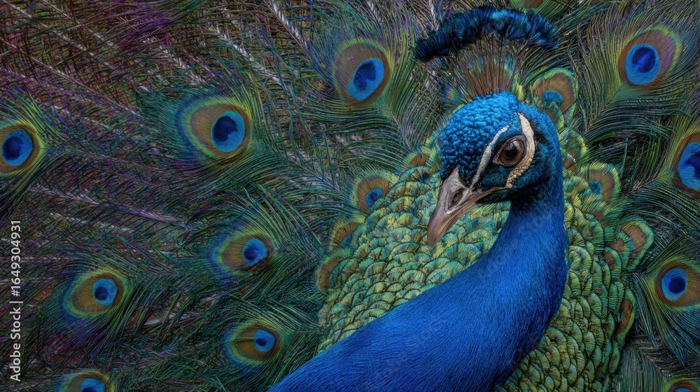 Obraz premium Peacock in full display of bright, colorful feathers, head and neck on the right