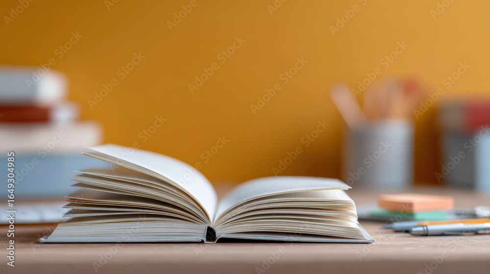 Naklejka premium clean wellorganized desk features open textbook with virtual blurred white text bars overlaying pages