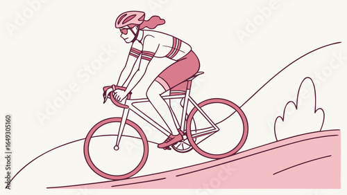 Woman cyclist in pink gear riding a bicycle up a hill
