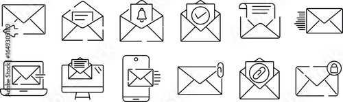 Mail and Email Line Icon Set. Outline web icons. Pixel perfect. suitable for apps and websites Ui designs. Postal Letter, Mailbox, Email, Post Office, Envelope, Messaging. Editable strokes. vector ill