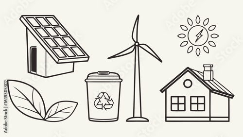 Collection of icons representing renewable energy and sustainability concepts