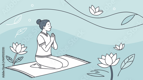 Woman meditating in lotus position with serene water and lotus flowers
