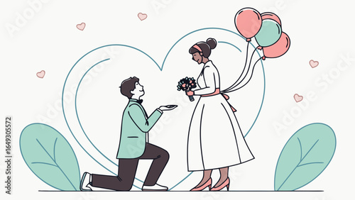 Man proposes to woman with flowers and balloons