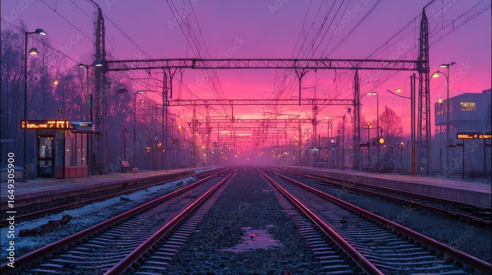 Fototapeta premium Pink sunrise over a train station platform