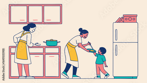 Mother and child cooking together in a stylized kitchen