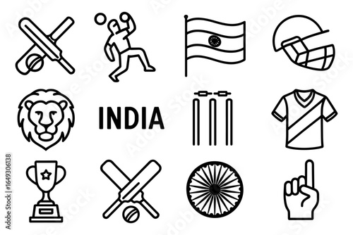 Cricket and india symbol set: line art illustrations featuring sports and national icons