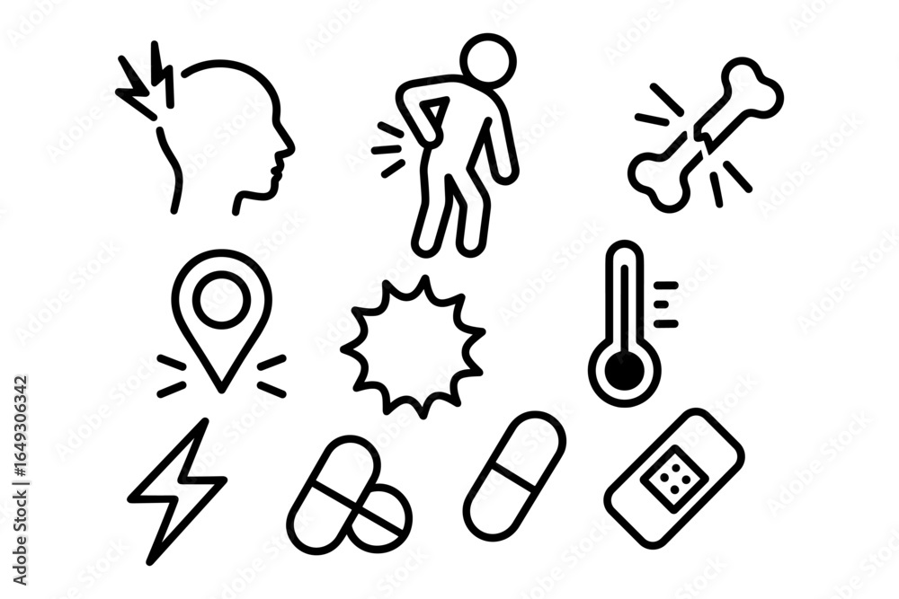 Fototapeta premium Minimalist black and white icons of medical symptoms and tools