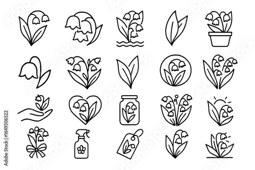 Elegant lily of the valley outline icons for spring and nature design projects