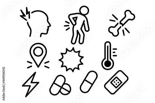 Minimalist black and white icons of medical symptoms and tools
