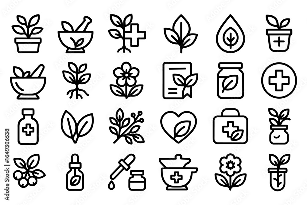 Fototapeta premium Herbal medicine icons in linear design: natural remedies and wellness concepts