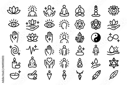 Minimalist outline icons: yoga, meditation, and spiritual symbols for balance and harmony