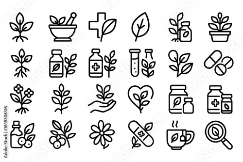 Outline icons of herbal medicine, natural remedies, and plant-based wellness