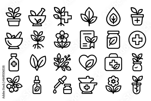 Herbal medicine icons in linear design: natural remedies and wellness concepts