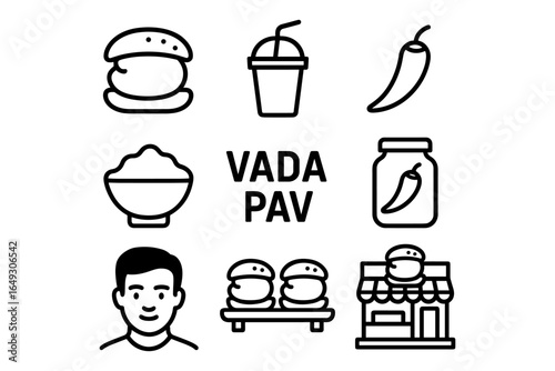 Minimalist line art of indian street food and drinks icons with vada pav focus