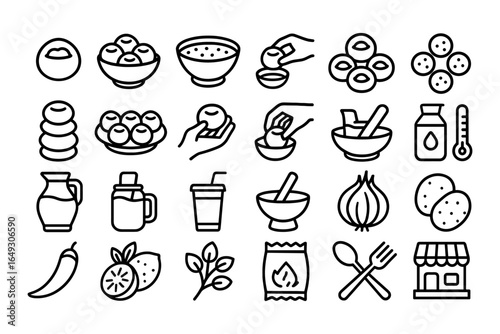 Black and white line icons for indian cuisine elements