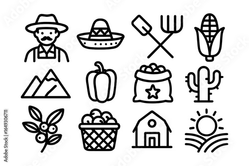 Linear farming icons collection featuring farmer, tools, and crops