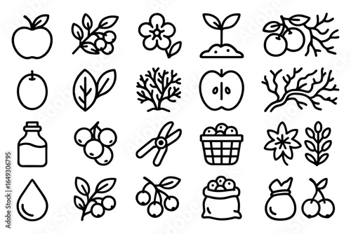 Organic gardening icons set: minimalistic plant and tool line art collection