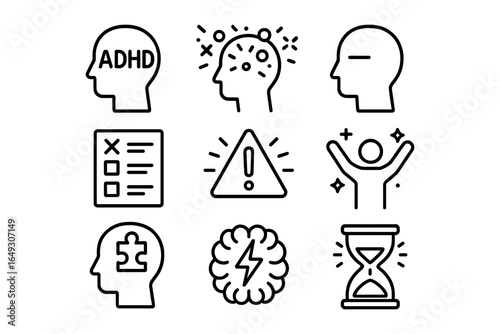 Minimalist icons depicting adhd concepts and mental health ideas