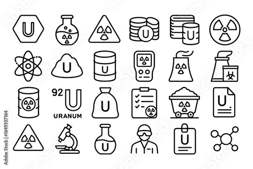 Uranium and nuclear energy icons set in linear style
