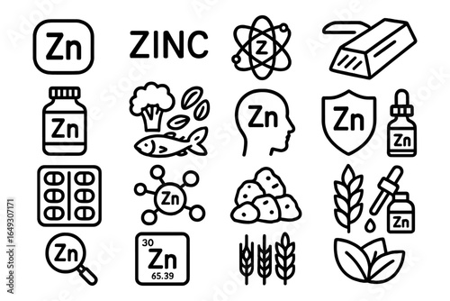 Zinc icons set highlighting uses in nutrition and science with linear outline design