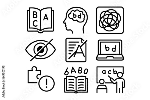 Dyslexia awareness icons: understanding learning challenges and solutions