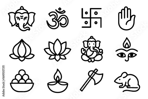 Minimalist hindu symbols set: ganesha, om, lotus, swastika, diya, axe, mouse