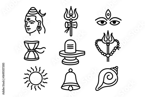 Hindu symbols in black linear style: shiva, trident, lingam, and sacred elements