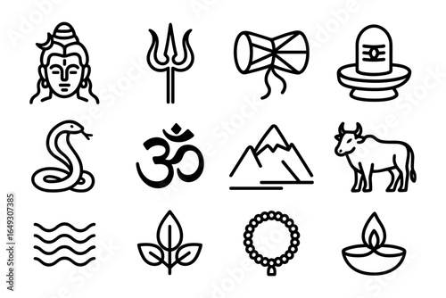 Linear hindu symbols and icons set featuring shiva, trident, om, and more
