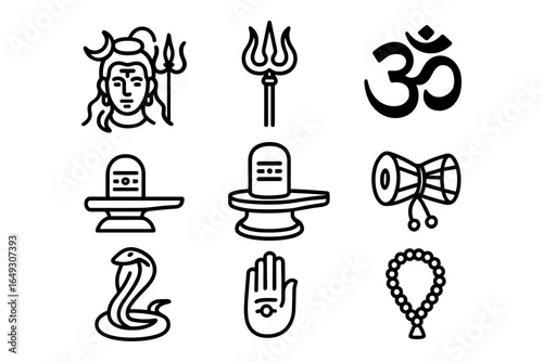 Set of hindu religious symbols and icons in bold outline style