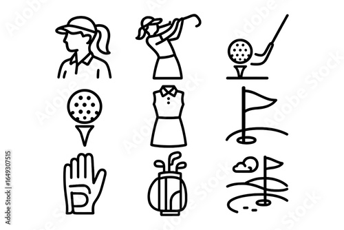 Linear golf icons set featuring player, equipment, and course elements