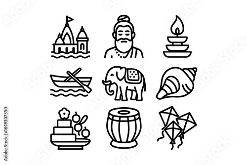 Linear icons of indian culture: temple, sage, lamp, boat, elephant, shell, offering, drum, and kites